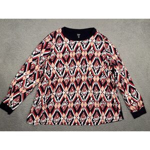 Crown & Ivy Blouse‎ Shirt Long Sleeve Curvy 2X Red Navy Blue Diamond Pattern